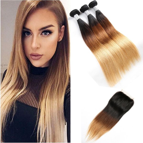 

бразильские виргинские волосы 1b/4 / 27 ombre выдвижения человеческих волос 3 пачки с закрытием шнурка 4x4 прямо 3 тона 10-30inch, Black;brown