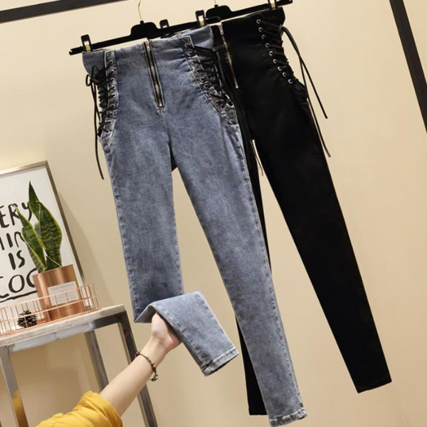 

plus size 5xljeans women lace-up skinny zipper ankle-length trousers womens spring autumn pencil jeans, Blue