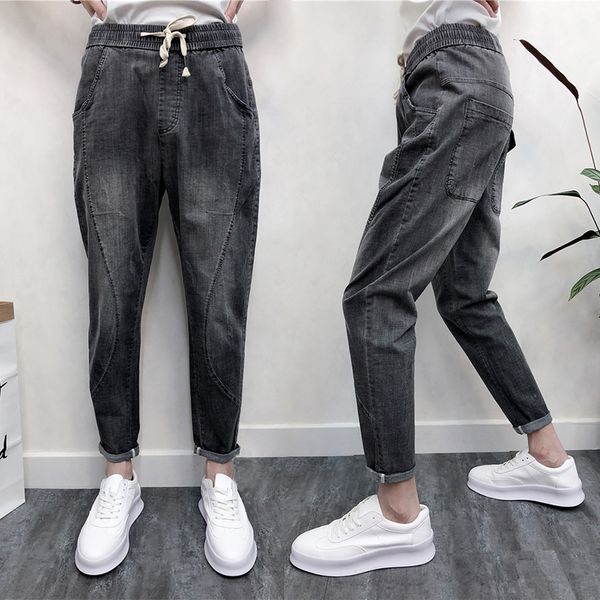 

men vintage ankle-length gray jeans mid waist distressed denim harem pants slim pencil pants with pockets high street trousers, Blue