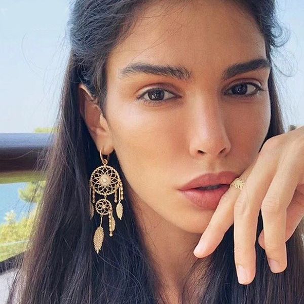 

european and american-style temperament luxury dream catcher earrings design-influx of people retro personality feather drop earrings exagge, Golden
