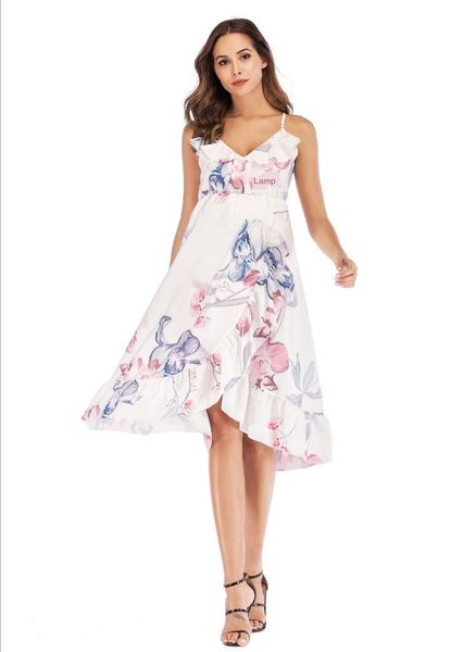 

womens designer ruffled irregular sling ink printing loose maternity dress, Black;gray