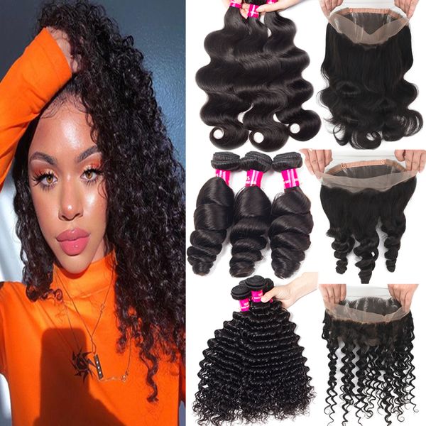 

9a brazilian human hair 4 bundles with 360 full lace closure 100% unprocessed deep wave kinky curly loose wave water wave hair extensions, Black;brown