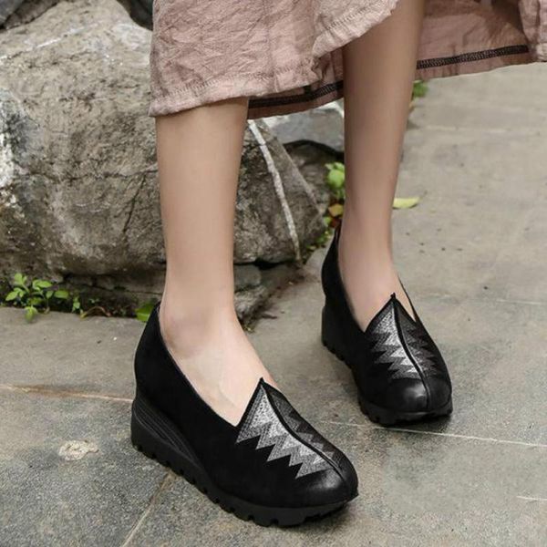 

yourseason black women retro pumps shoes genuine leather wedges round toe casual handmade platform ladies shoes 2020 high heels