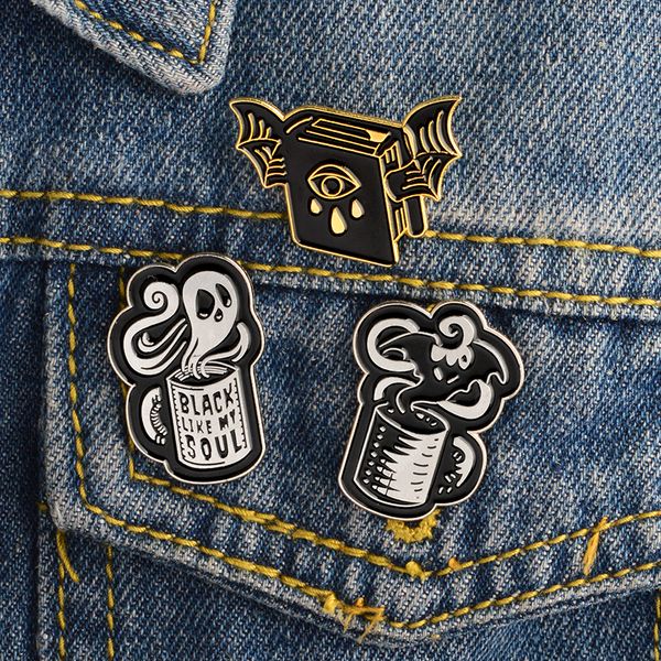 

miss zoe creativity magical book coffee wings ghost devil enamel pin badge denim jacket jewelry gifts brooches for women men, Gray