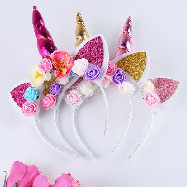 

2018 новый милый дети новорожденных девочек сладкий цветок единорог рог волос группа повязка на голову день рождения цветочные головные убор, Slivery;white