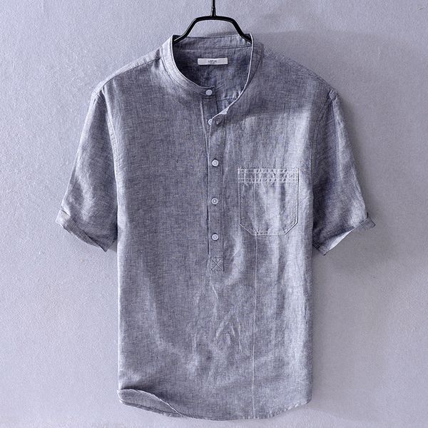 

2020 new cotton and linen short-sleeved shirt simple fashion small stand collar loose tide male wild linen lined shirt men, White;black