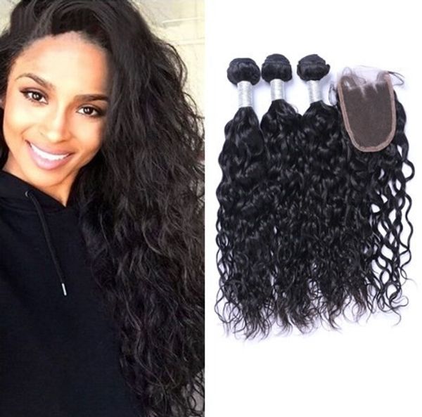 2019 Brazilian Water Wave Hair Bundles With Closure Peruvian Wet