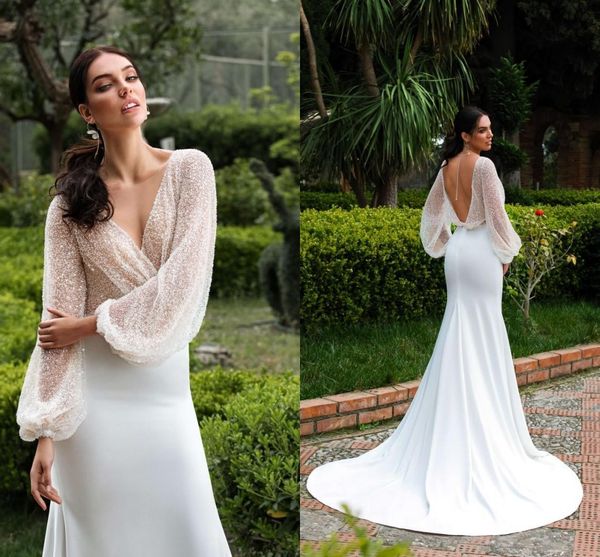 Acheter Bling Paillettes 2019 Robe De Réception De Mariage Col En V Profond Avec Juliette Manches Longues Sirène Satin Prix Pas Cher Robes De Mariée