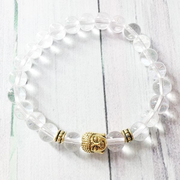 MG0457 Braccialetto al quarzo trasparente da donna Bracciale Yoga con testa di Buddha Cristalli curativi Regalo per il suo braccialetto di protezione da polso Mala