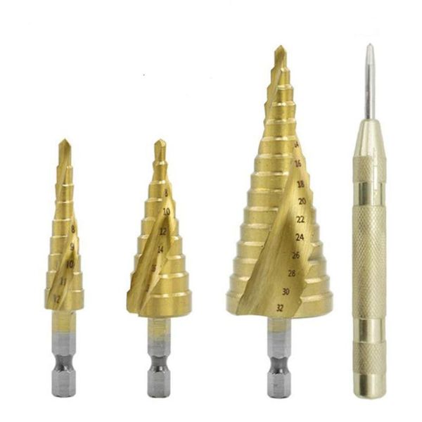 

4pcs hss spiral grooved center drill bit solid carbide mini drill 4-12 20 32mm + center punch accessories titanium step cone
