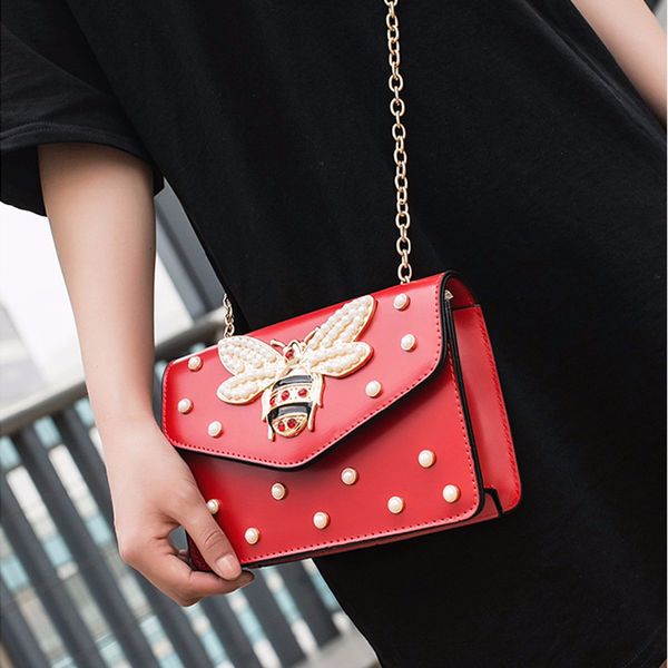 

women brand desinger rhinestones bee pu leather shoulder bag small crossbody bag with chain for girls ladies bolso mujer 219