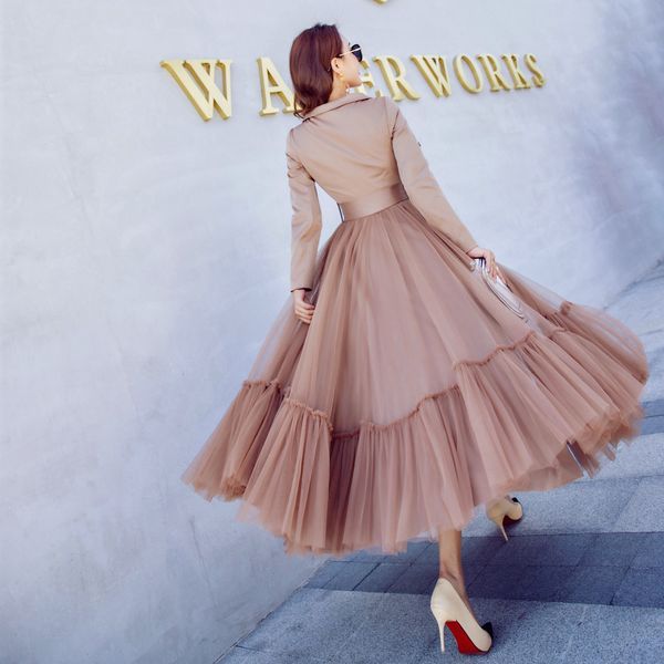 

yosimi 2019 autumn winter khaki women wild long trench coat outerwear slim mesh clothe women with belt maxi female coat sashes, Tan;black