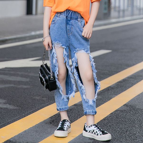 

jeans high wasted ripped for teen girls hole fashion kids denim pencil pants 4-14y with tassels summer children, Blue