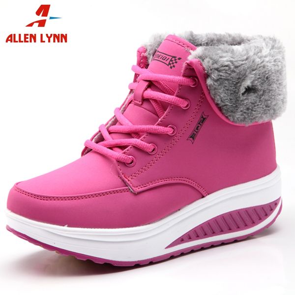 

allenlynn new ladies platform shoes woman lace-up warm fur boots winter comfort wedges ankle snow boots women, Black