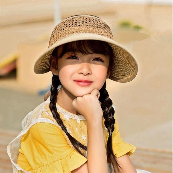 

2020 new straw hat for girls packable beach cap summer uv protection ess visor caps with bow kids sweet wide brim sun hats, Yellow