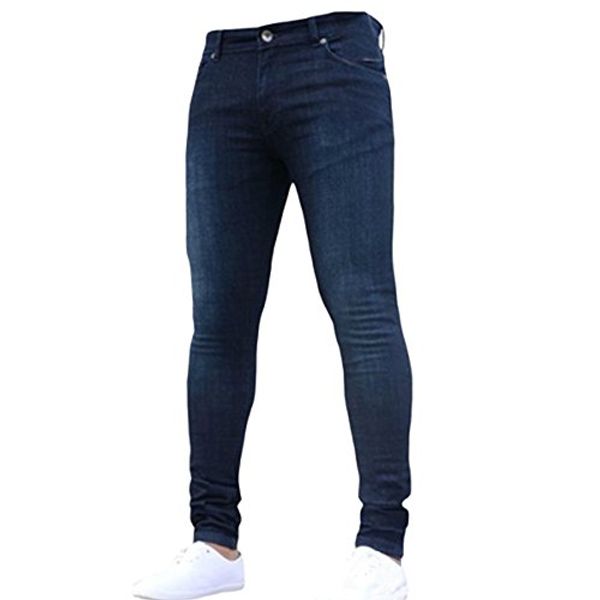 

pishon men's plain lightweight washed denim stretch super skinny tapered leg jeans, Blue