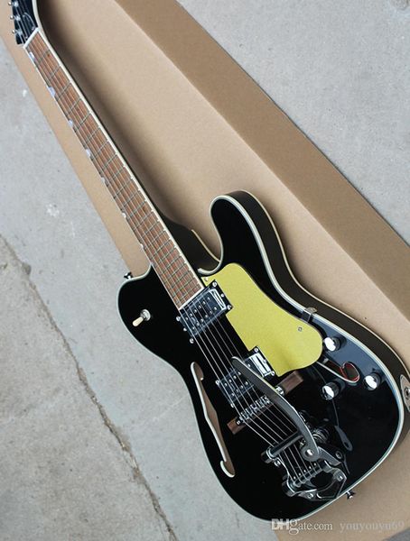 

semi-hollow electric guitar black with mahogany fingerboard, gold guard, chrome hardware, and personalized service