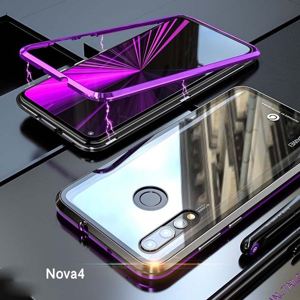

magnetic adsorption luxury flip phone case for nova 4 honor v20 cases magnet metal tempered glass back cover metal bumper