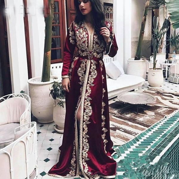 Burgundy Fas Kaftan Gece Elbise Uzun Kollu Dantel Aplikler Kadife Müslüman Arap Müslüman Özel Durumu Özel Durumu Balo Önlükleri