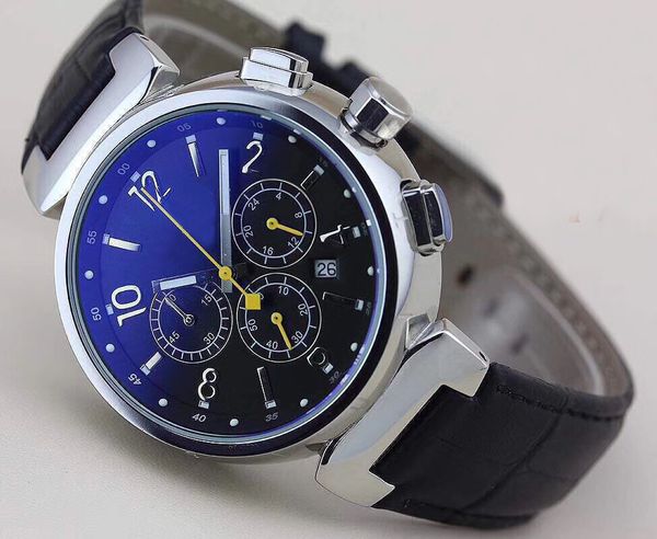 

luxury and fashion 42mm case diameter mens watches quartz chronograph stainless steel case watch blue dial wristwatches with yellow hands, Slivery;brown
