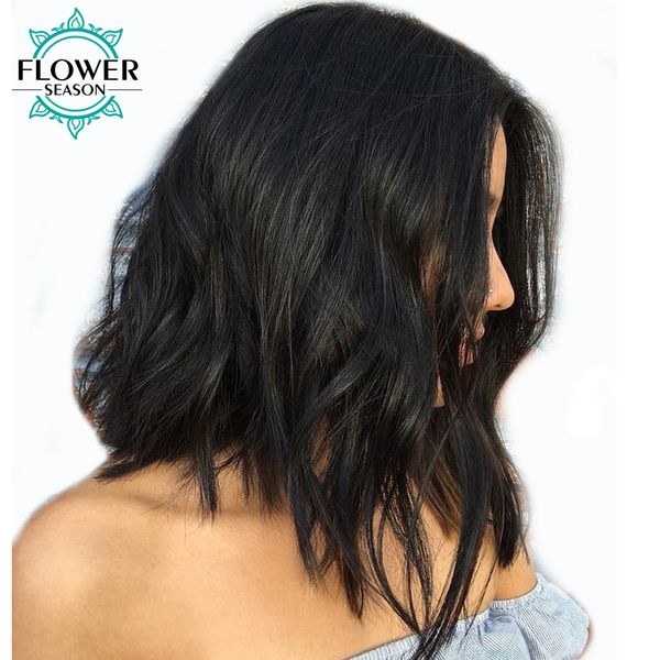 

flowerseason natural wave 13x6 short bob lace front human hair wigs with baby hair brazilian non remy pre plucked, Black