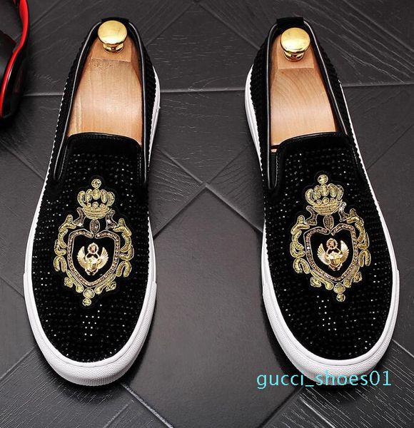 

2020 designer men rhinestone embroidery flats platform shoes skateboard man new comfortable loafers shoes g01, Black