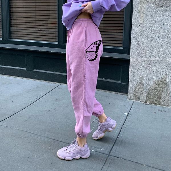 

бабочка шаблон женщин jogger sweatpants вскользь свободные шаровары упругие высокой талией брюки розовый уличная хип-хоп, Black;white