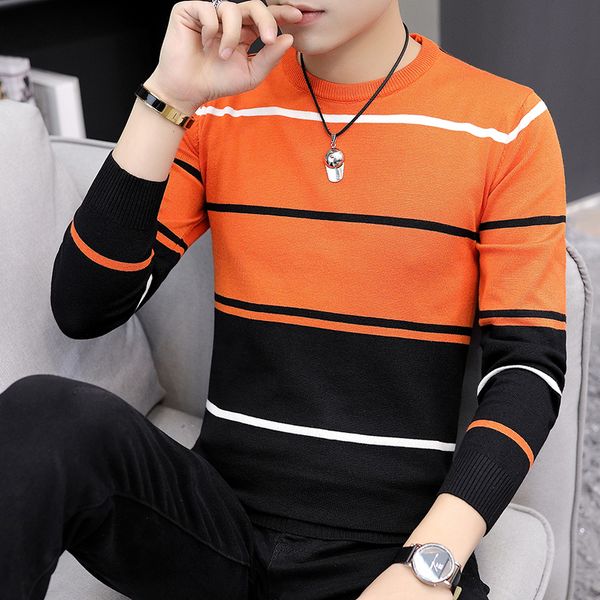 

2020 autumn men's casual knitted round neck striped sweater youth fashion casual thin sweater, White;black
