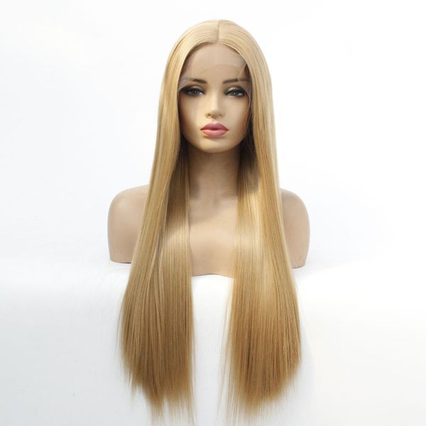 

blonde synthetic lace front wigs for women 27# straight long wigs natural hairline glueless light brown color synthetic hair, Black