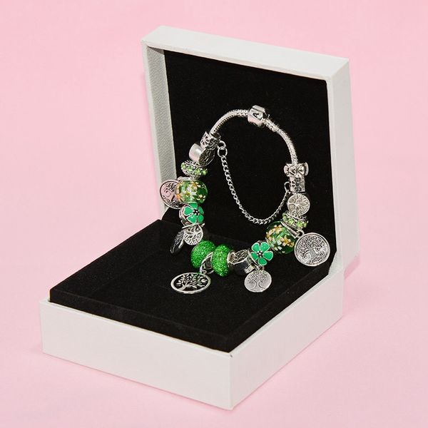 Neues grünes Glasperlen-Anhängerarmband für Pandora. Versilberter Schmuck, hochwertiges DIY-Perlen-Damenarmband mit Originalverpackung zum Geburtstag