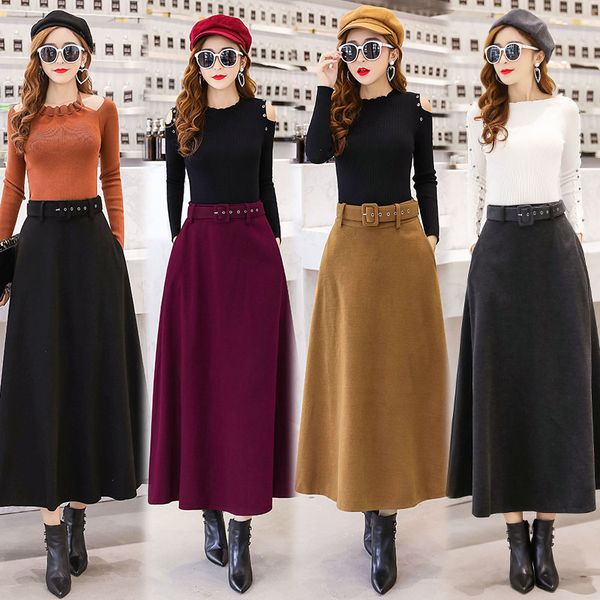

winter women's wool maxi skirts with belt 2019 fashion vintage woolen skirt female streetwear casual saia longa wine red, Black
