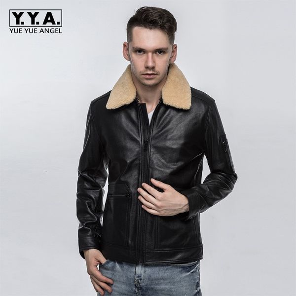 

mens luxury 100% sheepskin genuine leather jacket pilot slim fit fur collar coat motorcycle male outwear leather jackets, Black