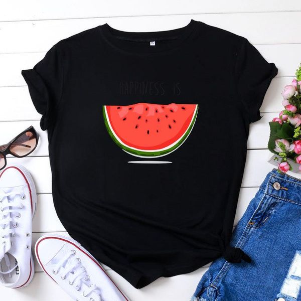 

women's womens designer tees clothing happiness is watermelon casual print short sleeve t-shirt for women black, yellow, pink, white