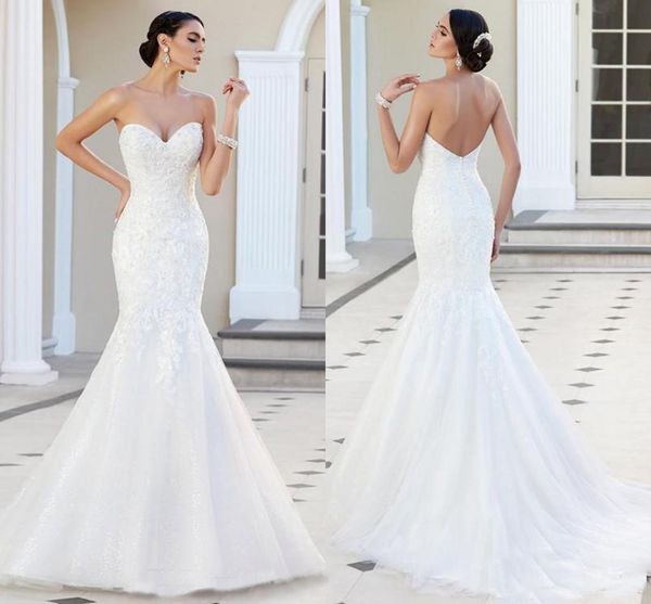 

2019 modest lace mermaid wedding dresses sweetheart strapless appliques tulle backless wedding gowns beach church bridal dresses, White
