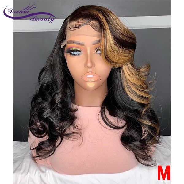 

highlight ombre color pre-plucked 13*6 lace front wig remy hair 180% brazilian wavy human hair wigs with baby dream beauty, Black;brown