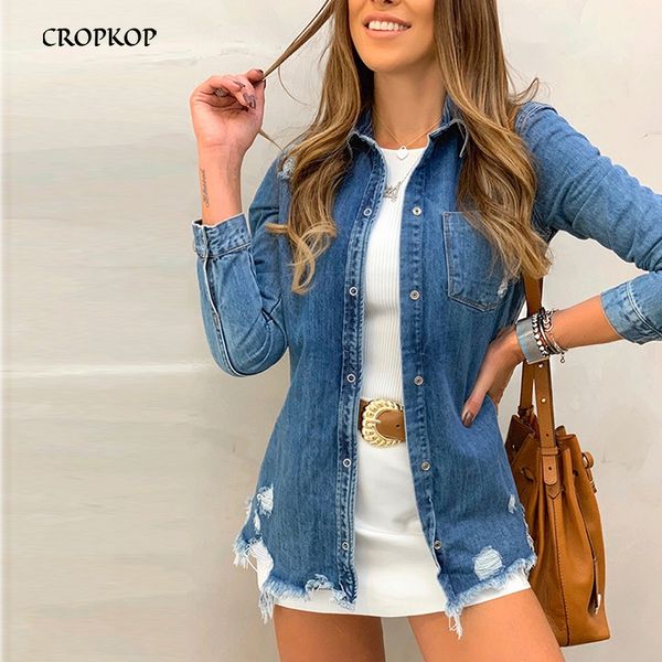 

women denim jacket 2019 vintage casual button coat autumn spring streetwear outerwear women coats broken hole cotton jackets, Black;brown