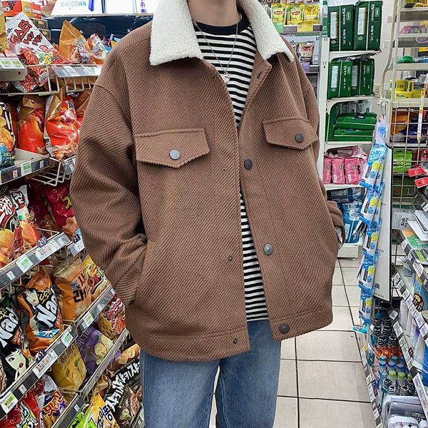 

winter fur collar woolen coat men's warm fashion retro woolen jacket men streetwear loose casual coat mens overcoat, Black