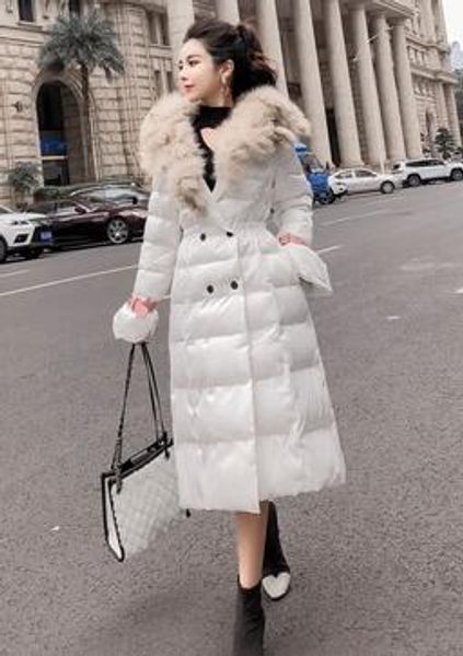 2019 Inverno nuove donne collo in pelliccia di volpe grande vita sottile piumino d'anatra bianco imbottito midi lungo parka piumino casacos SMLXL