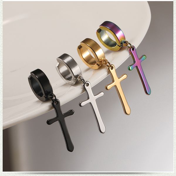 

punk rock titanium steel no ear hole earrings big cross clip earring male female fashion jewelry silver black gold multicolor
