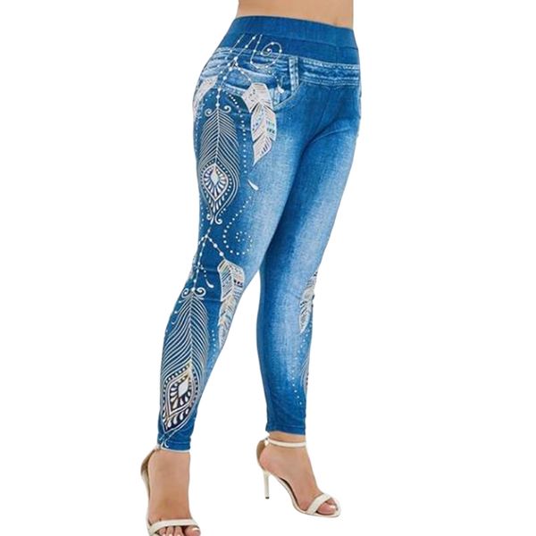 

s-5xl plus size woman leggings high elastic leaves pattern imitation jeans denim pants slim soft leggings, Black