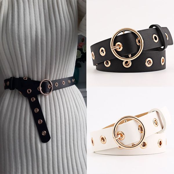 

pu leather belt round metal pin buckle circle belts for women punk hollow waistband strap ladies jeans accessories, Black;brown