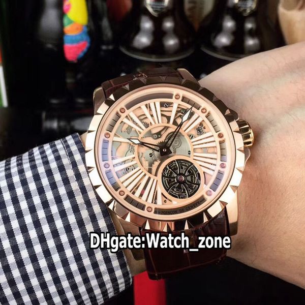 

new excalibur calibre rose gold case rddbex0256 automatic tourbillon mens watch gold dial skeleton brown leather strap watches watch_zone, Slivery;brown
