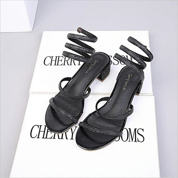 

dropshipping women heeled sandals bandage rhinestone ankle strap pumps high heels 4.5 cm square heels lady shoes, Black