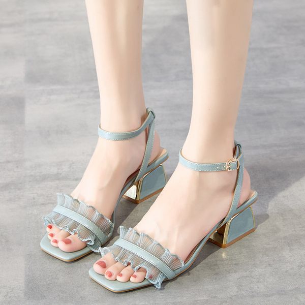 

lace sandals women 2020 white square heel shoes women summer shoes gladiator summer sandals zapatos de mujer, Black