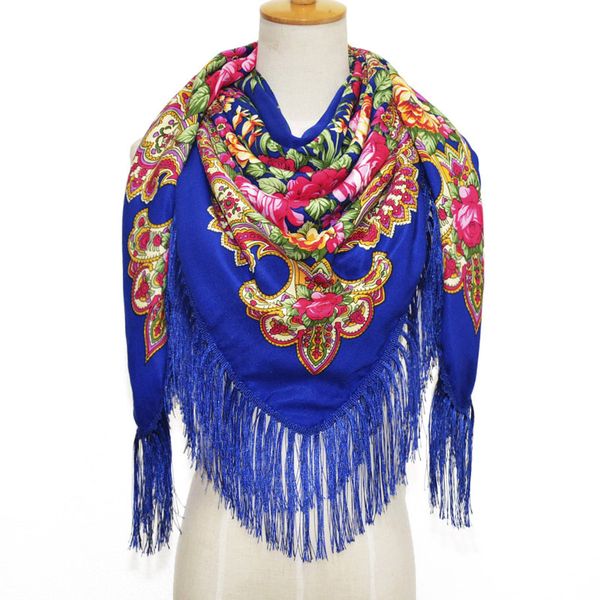 

russian scarf shawl women head wrap hijab babushka ukrainian scarves square blanket tassel retro handkerchief 110cm fringe scarf, Blue;gray