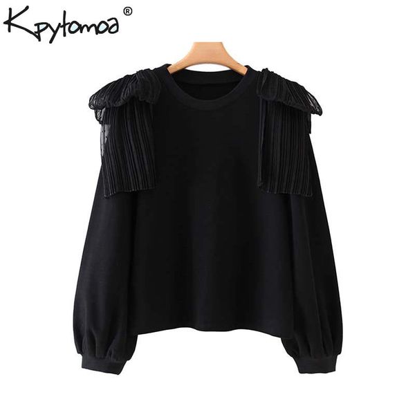 

vintage стильный лоскутная оборками толстовки женщины 2020 моды o шеи длинным рукавом дамы пуловеры шикарные tops, Black