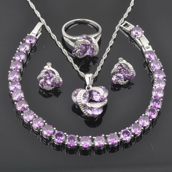 

christmas gift 925 silver purple crystal zircon women classic jewelry sets bracelet necklace pendant earrings ring qs0175