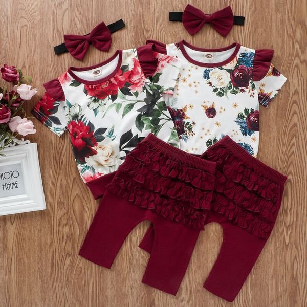 

newborn baby girls clothes red rose floral print t-shirt ruffle long pants leggings for girls casual outfits, White
