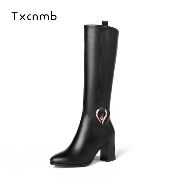 

txcnmb new style winter boots high boots real leather woman shoes high and thick heel calf leather ladies, Black