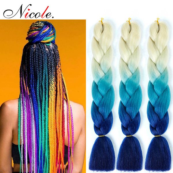 

3pcs/pack ombre blonde to blue hair kanekalon jumbo braid crochet hair 300g/pack 24inch synthetic hair extensions ing, Black